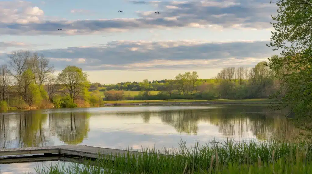 Linda paisagem de um lago cercado de florestas trazendo mensagens de boa tarde