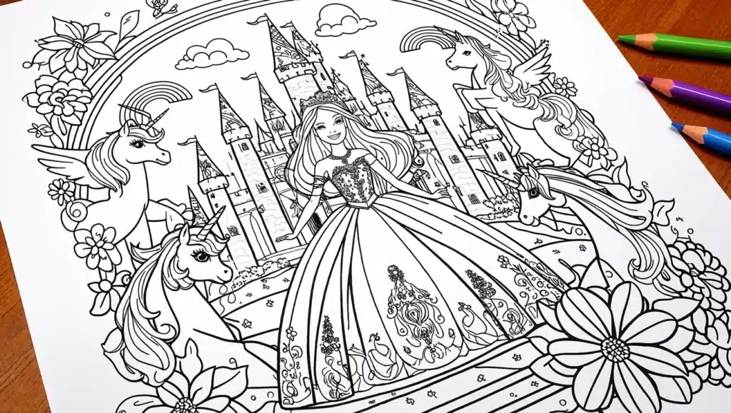 Barbie para Colorir - Barbie, palacio e unicornios e flores