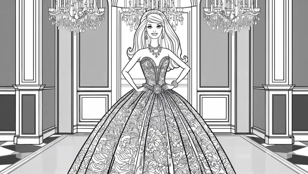 Barbie para Colorir, com um lindo vestido