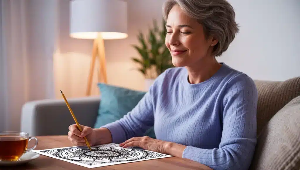 Mulher colorindo uma mandala do livro desenhos para colorir