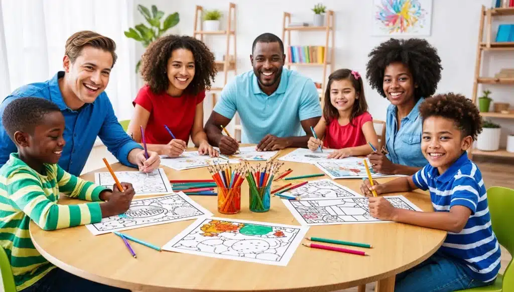 Família pintando desenhos para colorir