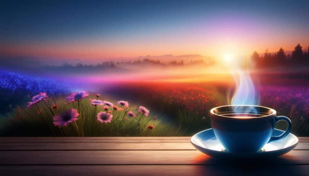 Amanhecer iluminando um campo de flores coloridas com uma xícara de café em uma mesa rústica e a frase 'Cada manhã é uma página em branco. Escreva sua história com alegria.'