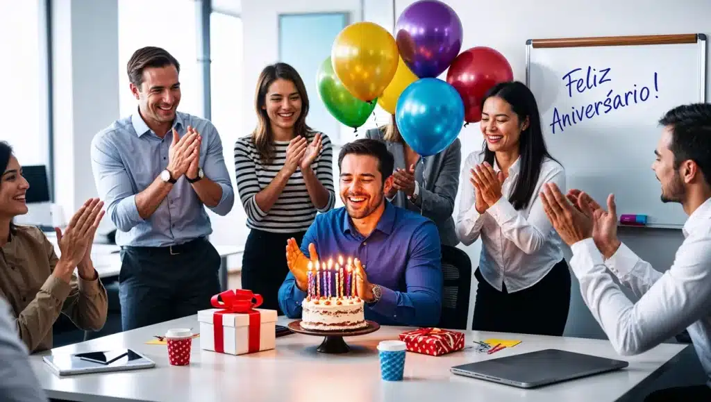 Colegas de trabalho celebrando aniversário no escritório com bolo, velas, balões coloridos e presentes, em um momento descontraído e alegre. Mensagens-de-aniversario-colega-trabalho