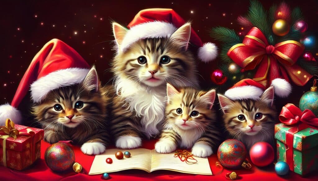 Quatro filhotes de gatos fofos, usando chapéus de Papai Noel, cercados por enfeites de Natal, presentes embrulhados e uma página de caderno aberta, em um cenário decorado para o Natal. A cena é cheia de cores vibrantes, como vermelho e dourado, transmitindo uma atmosfera festiva e acolhedora.