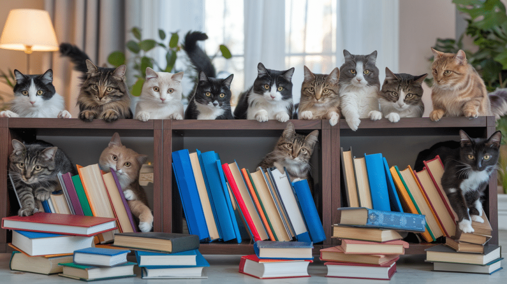 Estante para livros com varios gatos