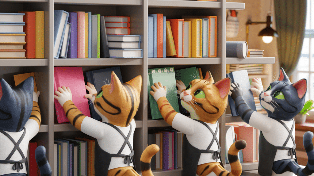 gatos arrumando uma estante para livros