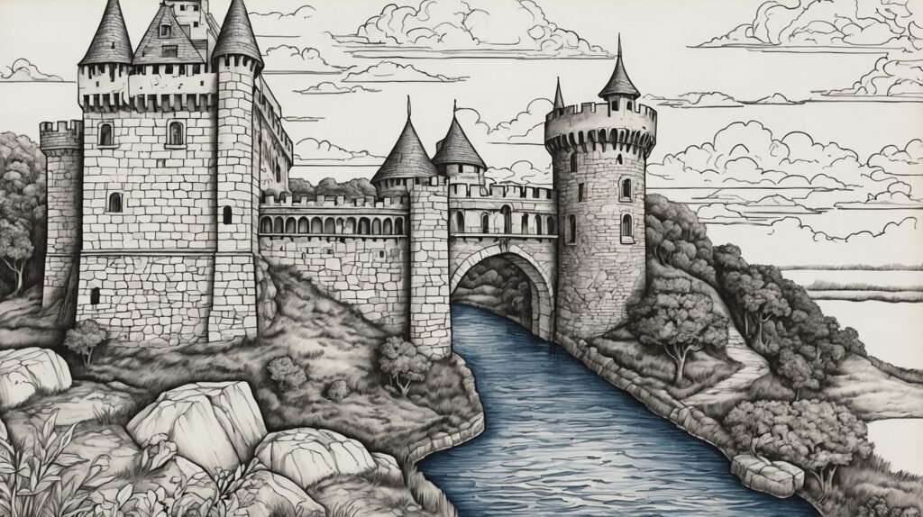 livro de colorir para adulto, um palácio com o lago já pintado de azul