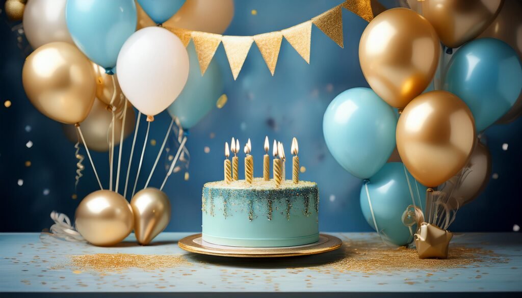 Decoração de aniversário elegante com balões metálicos, bolo minimalista com velas, confetes dourados e bandeirinhas em tons suaves de azul e dourado.