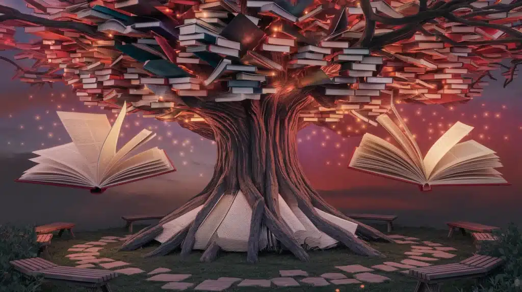 Ilustração de uma árvore mística com galhos repletos de livros empilhados, iluminados por pequenas luzes brilhantes. Livros abertos flutuam ao redor da árvore, emanando um brilho mágico. O tronco robusto se conecta ao chão, onde bancos de madeira e um caminho de pedras criam um ambiente acolhedor, enquanto o céu ao fundo exibe tons suaves do entardecer, reforçando o encanto e a atmosfera literária.