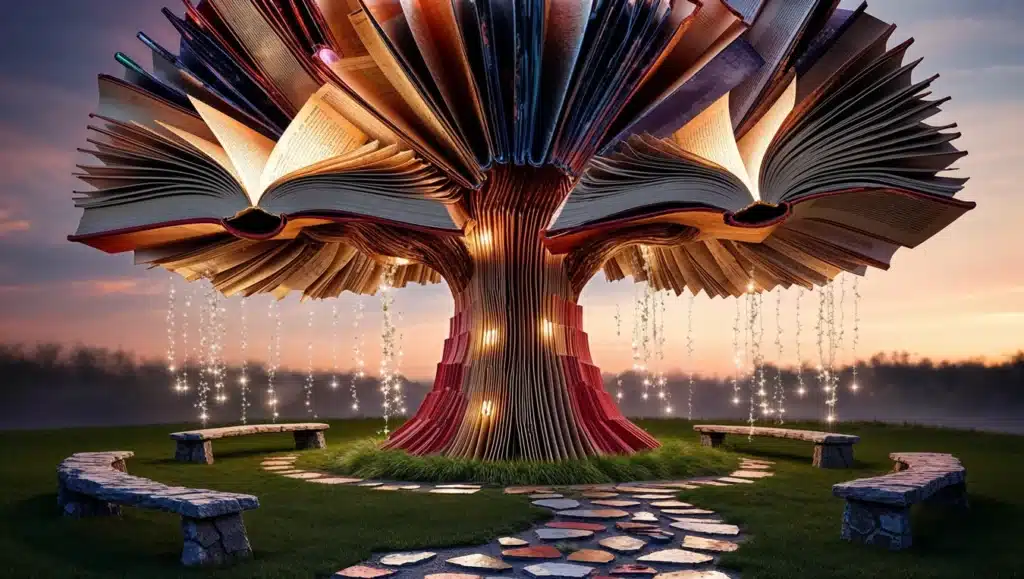 Ilustração de uma árvore mágica formada por livros abertos, com páginas que se assemelham a folhas e luzes brilhantes penduradas nos galhos. Ao redor, bancos rústicos de pedra e um caminho de pedras levam até a base da árvore, criando um ambiente encantador ao entardecer.
