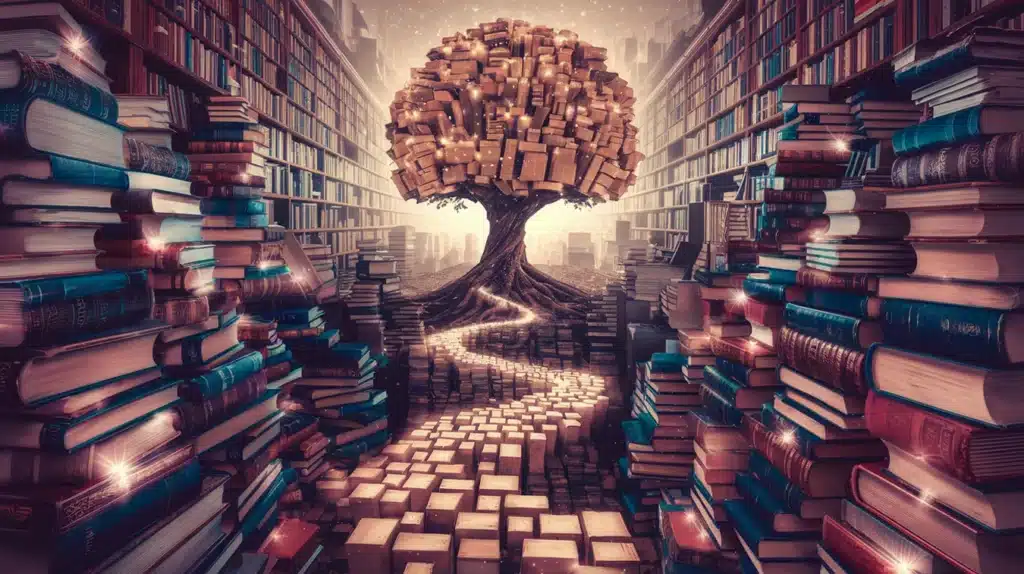 Árvore de livros no centro de uma biblioteca mágica, com um caminho feito de blocos de livros iluminados, cercado por prateleiras repletas de volumes e um ambiente que inspira conhecimento e imaginação.
