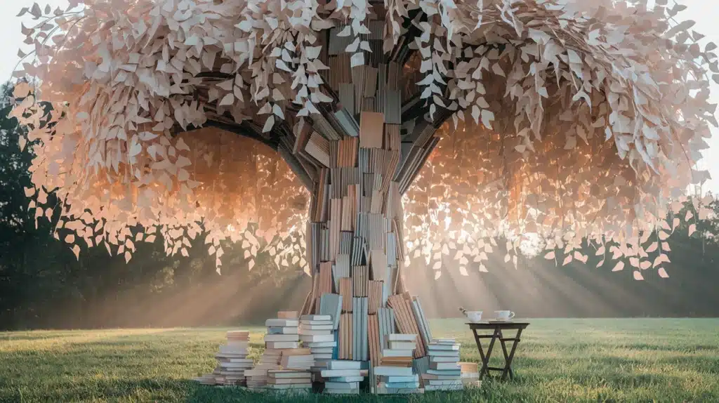 Árvore de livros em um campo iluminado pelo sol, com folhas feitas de páginas de papel e pilhas de livros ao redor, criando um ambiente mágico e inspirador para a leitura.