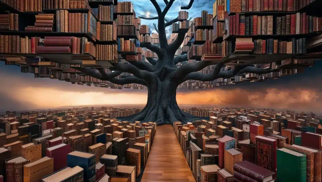 Árvore de livros imponente em um cenário surreal, com galhos que sustentam prateleiras repletas de volumes antigos e um caminho de madeira que conduz a uma paisagem de horizonte infinito de conhecimento.