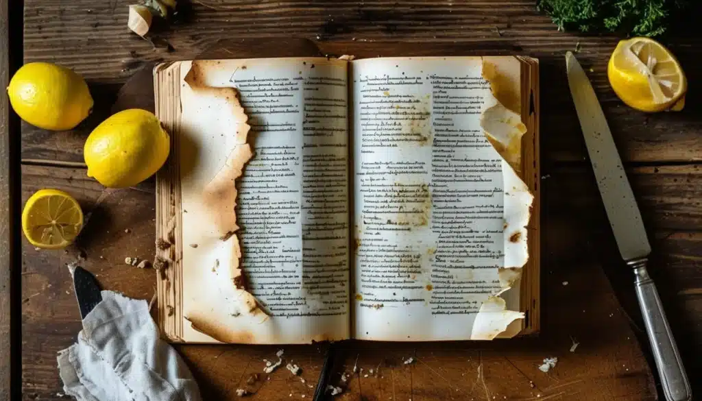 Livro de receitas antigo com páginas desgastadas e queimadas, rodeado por limões, uma faca e ingredientes sobre uma mesa rústica de madeira, evocando um clima de culinária artesanal e memórias culinárias.