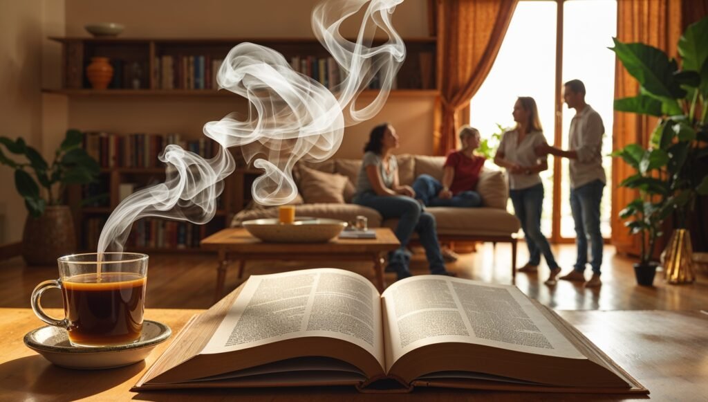Livro guia para conversa empolgante em destaque, com ambiente acolhedor e família ao fundo.
