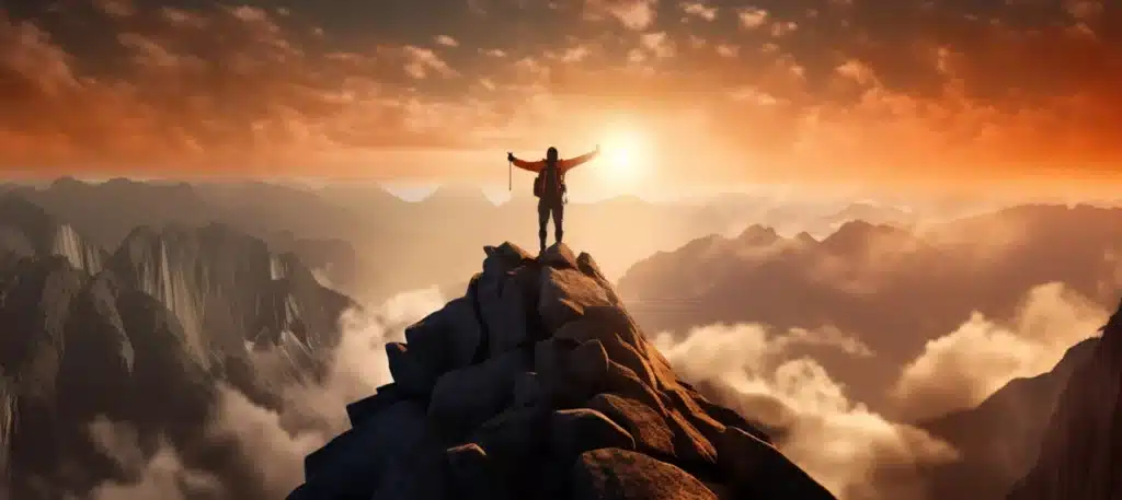 "Silhueta de uma pessoa no topo de uma montanha ao pôr do sol, transmitindo uma poderosa mensagem motivacional sobre superação e conquistas.