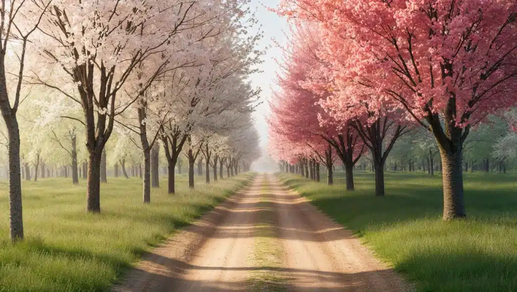 Caminho alinhado por árvores floridas em tons de rosa e branco, criando uma mensagem motivacional de renovação e serenidade.