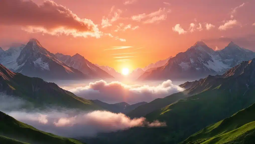 Vista de um nascer do sol entre montanhas majestosas e vales cobertos por nuvens, inspirando uma mensagem motivacional de esperança e beleza natural.