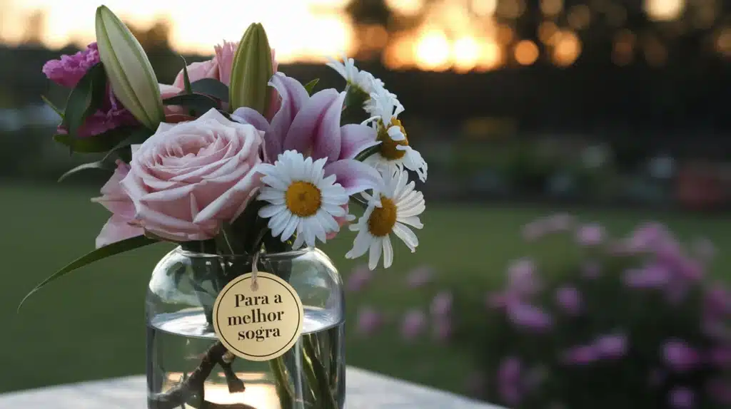 Arranjo de flores delicadas, incluindo rosas e margaridas, em um vaso de vidro com uma tag escrita "Para a Melhor Sogra", em um fundo de jardim ao entardecer.