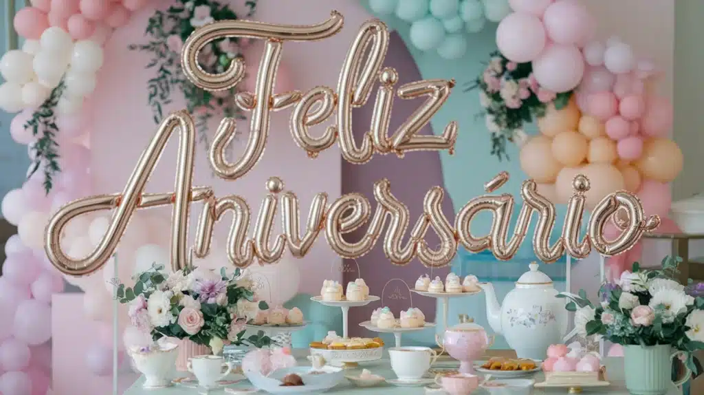 Imagem de uma decoração de aniversário com balões dourados formando a frase "Feliz Aniversário", rodeados por flores em tons pastéis e uma mesa com doces elegantes.