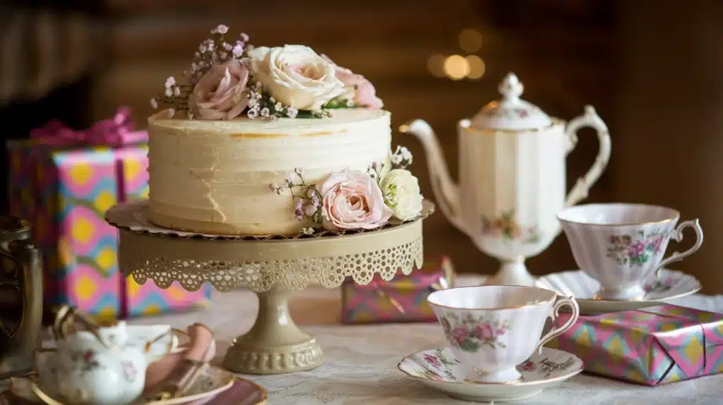 Um bolo delicado decorado com flores naturais, posicionado em uma mesa com xícaras de chá e detalhes vintage, criando uma atmosfera aconchegante de celebração.
