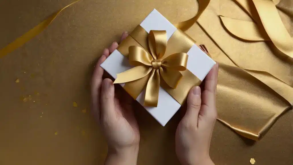 Mãos segurando um presente branco decorado com um laço dourado, sobre um fundo com tecido dourado brilhante, representando carinho e elegância.