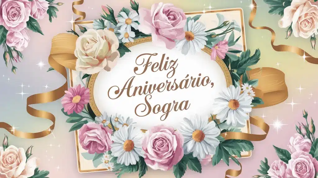 Cartão decorado com flores delicadas em tons rosados e brancos, com a frase "Feliz Aniversário, Sogra" em destaque, rodeado por laços dourados.