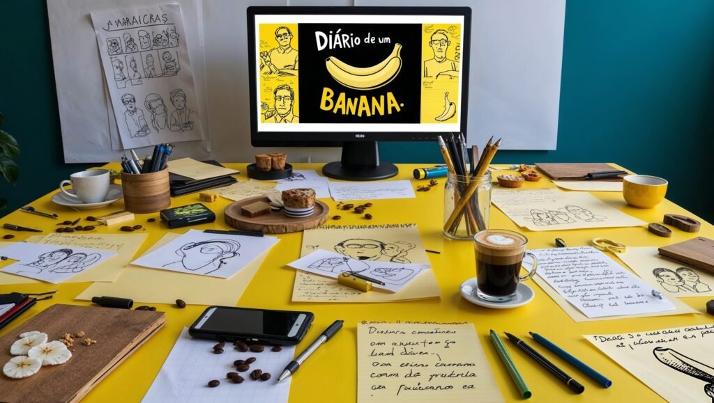 Mesa criativa com esboços, rascunhos de personagens e anotações inspiradas na série "Diário de um Banana," ao lado de uma tela exibindo a capa icônica do livro, transmitindo o processo de criação da obra.