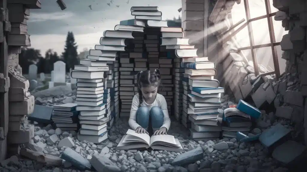 Imagem inspirada em A Menina Que Roubava Livros, mostrando uma jovem sentada entre pilhas de livros empilhados em meio a escombros, com luz suave entrando por uma janela quebrada, simbolizando resiliência e o poder transformador da leitura em tempos difíceis.