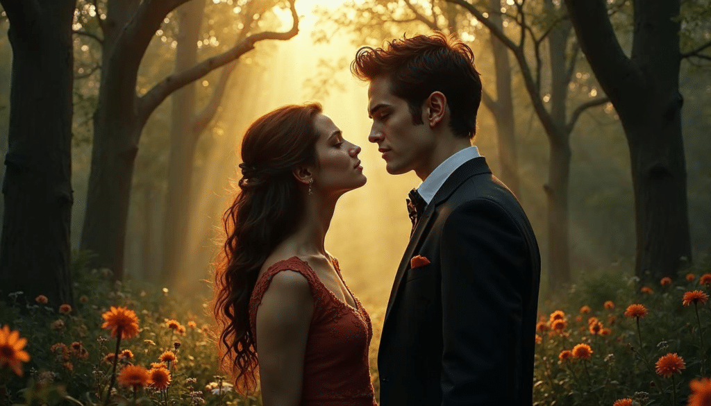 Imagem em destaque do artigo sobre o livro Crepúsculo: casal se olha apaixonadamente em uma floresta mágica ao entardecer, representando o romance entre Bella e Edward.
