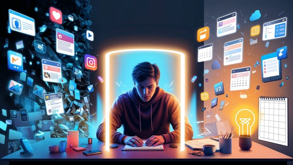 Um jovem focado escrevendo em uma mesa, cercado por um arco de luz brilhante que simboliza proteção contra distrações. À esquerda, um caos de ícones de redes sociais e notificações representa distrações, enquanto à direita, ferramentas de organização como calendários e listas de tarefas simbolizam produtividade. A iluminação quente e os elementos organizados destacam o contraste entre o caos e o foco.