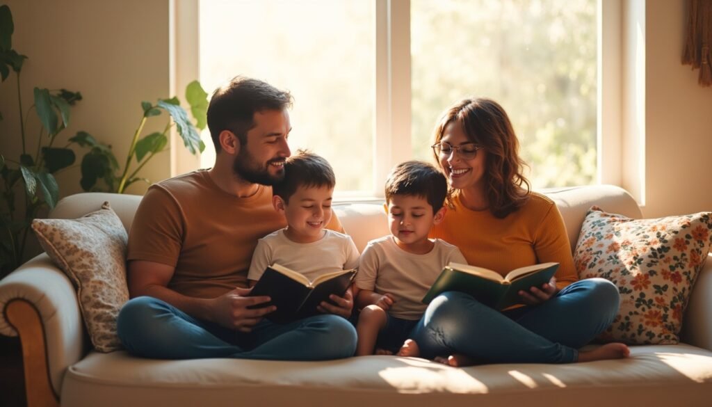 Imagem  do artigo sobre  O Livro que Você Gostaria que Seus Pais Tivessem Lido e a importância da leitura em família. A imagem retrata uma família unida, lendo e compartilhando um momento de conexão e carinho.