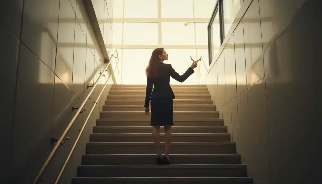 Uma mulher de negócios subindo uma escada iluminada por luz natural, segurando uma chave dourada na mão. O ambiente é moderno e profissional, com paredes de vidro refletindo a claridade do topo da escada, simbolizando disciplina, autocontrole e sucesso.