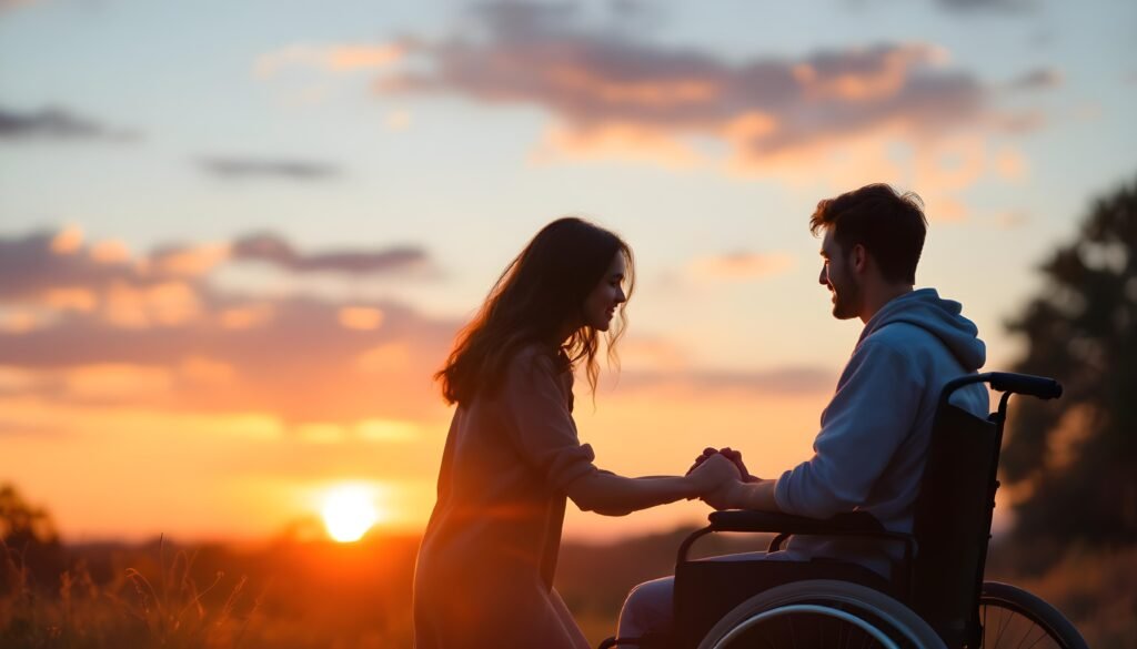 Casal jovem do livro como eu era antes de você em um momento romântico durante o pôr do sol, com o homem sentado em uma cadeira de rodas e a mulher segurando suas mãos, transmitindo conexão e carinho em um cenário natural.