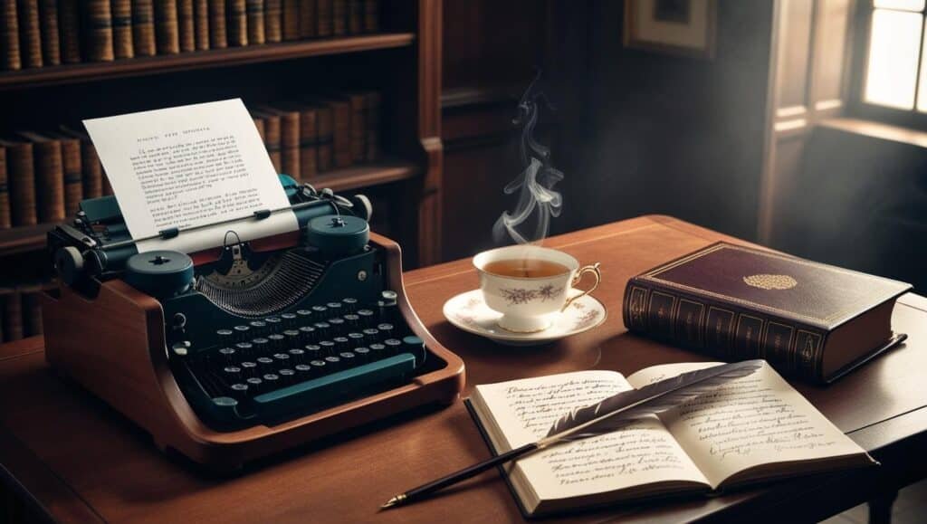 Mesa com máquina de escrever vintage, livro aberto e xícara de chá, evocando o estilo literário de Agatha Christie.