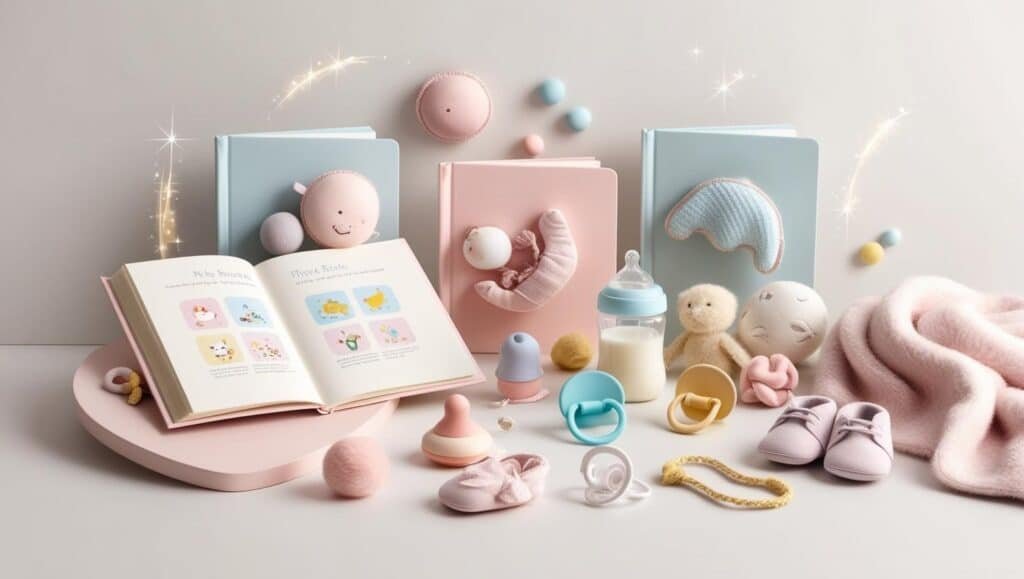 Imagem de itens de bebê organizados em um cenário delicado e acolhedor, com livros de capa pastel, um livro aberto com ilustrações infantis, chupetas, mamadeira, sapatinhos e brinquedos de pelúcia, em tons suaves de rosa, azul e amarelo, transmitindo um ambiente fofo e harmonioso.