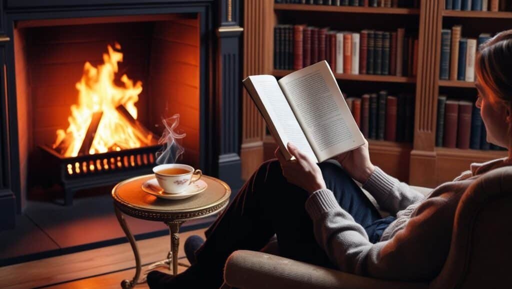 Pessoa lendo um livro de mistério em uma poltrona ao lado de uma lareira, com uma xícara de chá e uma estante ao fundo.