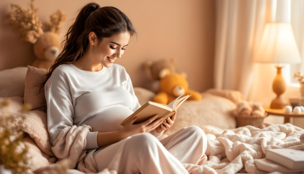 Mulher grávida sorrindo enquanto lê um livro, sentada em uma cama aconchegante com cobertores e travesseiros. O ambiente é decorado com tons suaves e ursos de pelúcia, criando uma atmosfera acolhedora e tranquila.