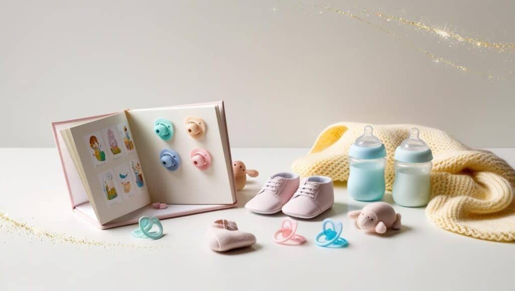 Imagem de itens de bebê organizados em um cenário delicado e acolhedor, com livros de capa pastel, um livro aberto com ilustrações infantis, chupetas, livro do bebê, mamadeira, sapatinhos e brinquedos de pelúcia, em tons suaves de rosa, azul e amarelo, transmitindo um ambiente fofo e harmonioso.