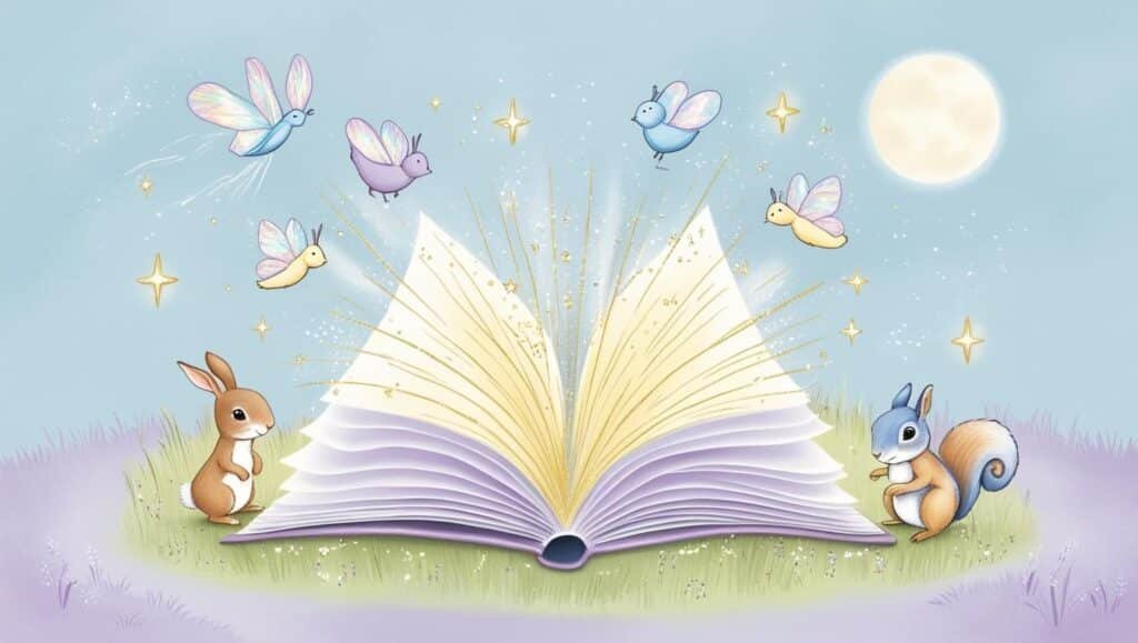 Ilustração de um livro mágico aberto em um campo gramado sob a luz da lua, com um coelho e um esquilo ao lado. Pequenos pássaros e borboletas luminosas voam ao redor, emitindo brilhos encantados e criando uma atmosfera de fantasia