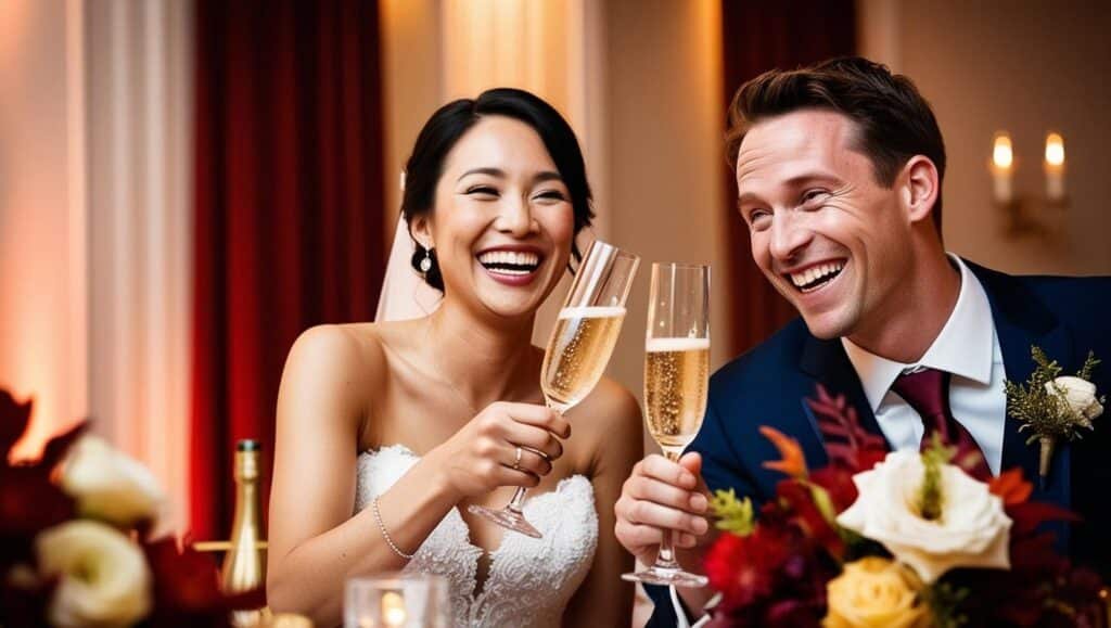 Casal recém-casado rindo e brindando com taças de champanhe em uma celebração descontraída e alegre.