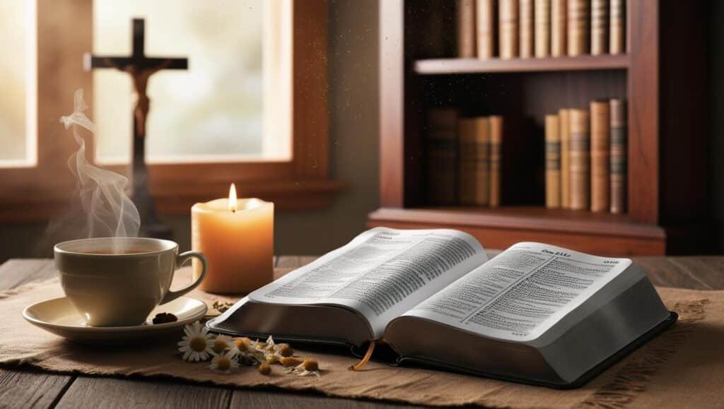 Bíblia aberta ao lado de uma xícara de chá e uma vela acesa, com uma estante de livros cristãos ao fundo, transmitindo inspiração e reflexão.