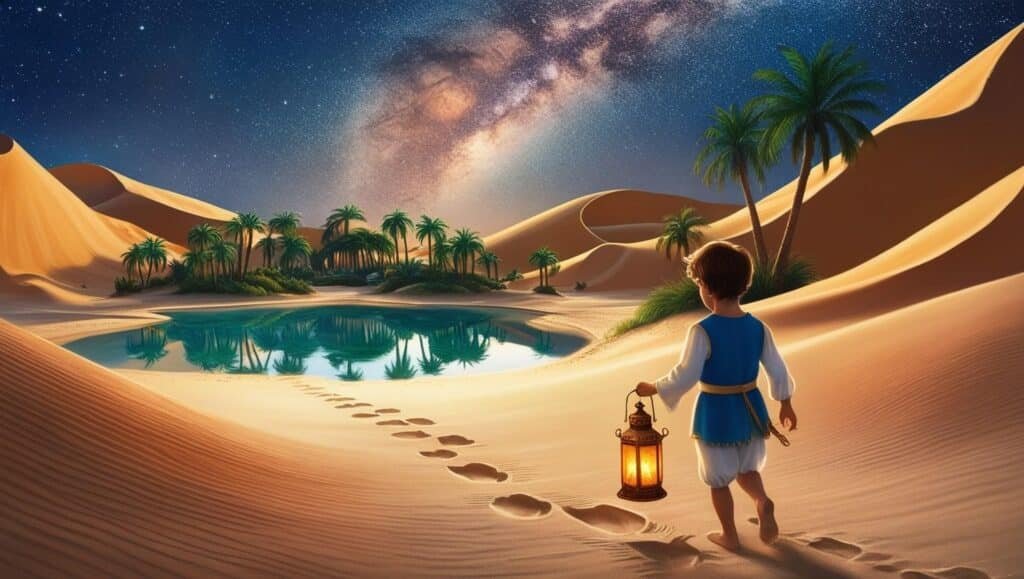 O Pequeno Príncipe caminhando pelo deserto com uma lanterna na mão, deixando pegadas enquanto se aproxima de um oásis exuberante sob um céu estrelado.