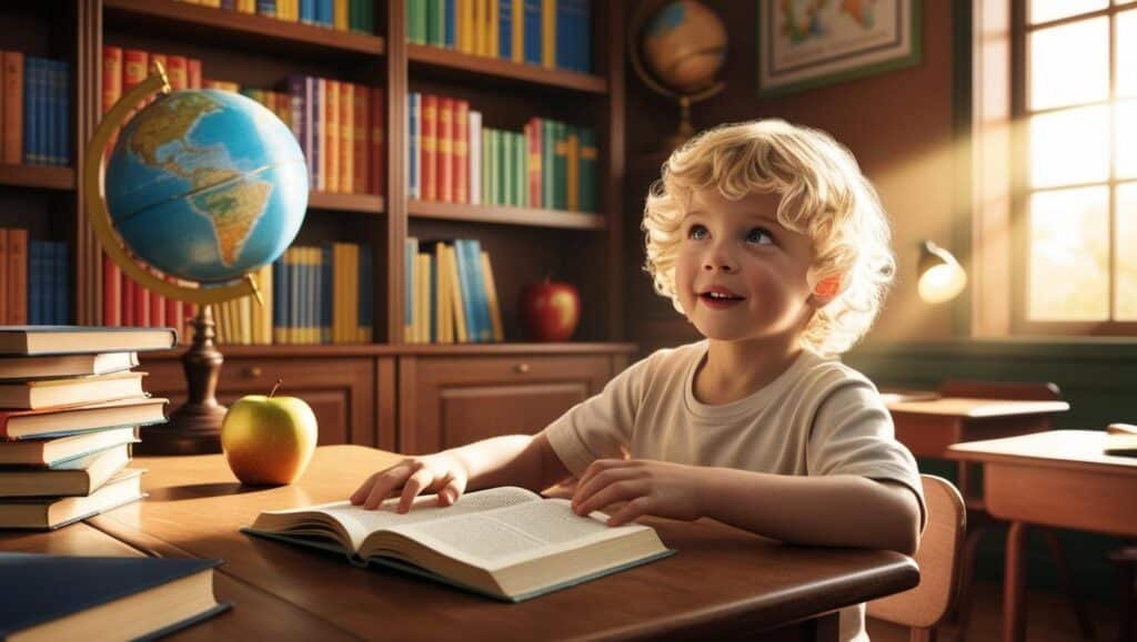 Criança loira lendo um livro atentamente em um ambiente educativo, com estante de livros e elementos de aprendizado ao fundo