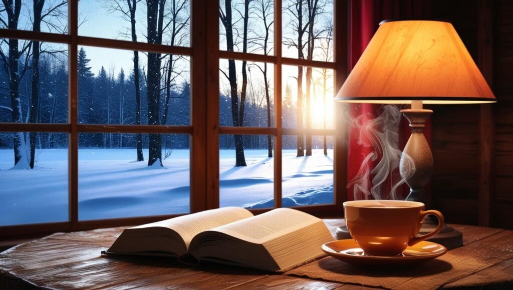 Mesa de madeira com livro aberto e xícara de chá fumegante, com vista de uma paisagem nevada ao fundo através da janela.