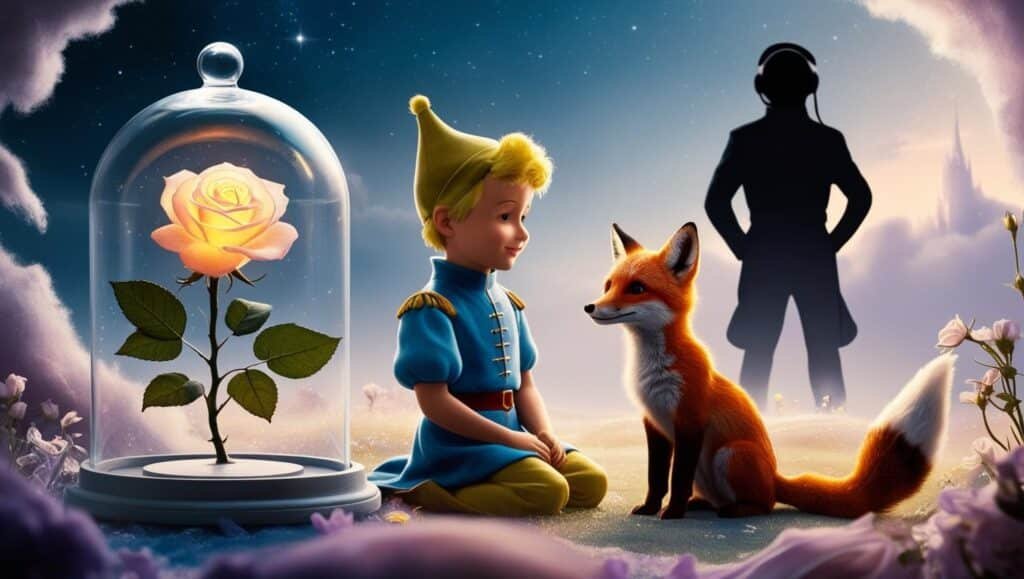 O pequeno príncipe com a raposa ao lado, a rosa em um domo de vidro e o piloto ao fundo, em uma cena mágica e reflexiva.