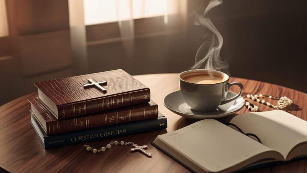 Livros cristãos organizados ao lado de uma xícara de café, com marcador de cruz e ambiente acolhedor ao fundo.